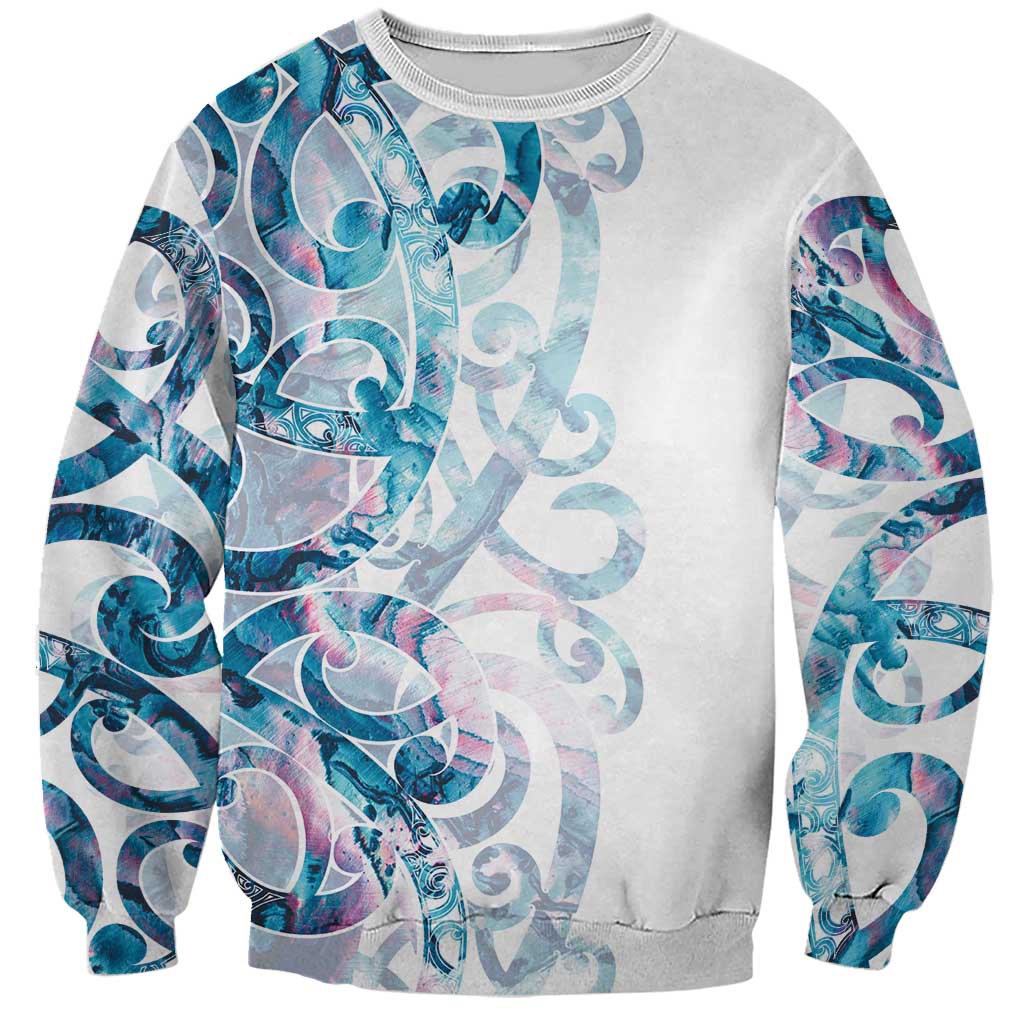 Turquoise Paua Shell Maori Sweatshirt Koru Kowhaiwhai LT7 Unisex White - Polynesian Pride