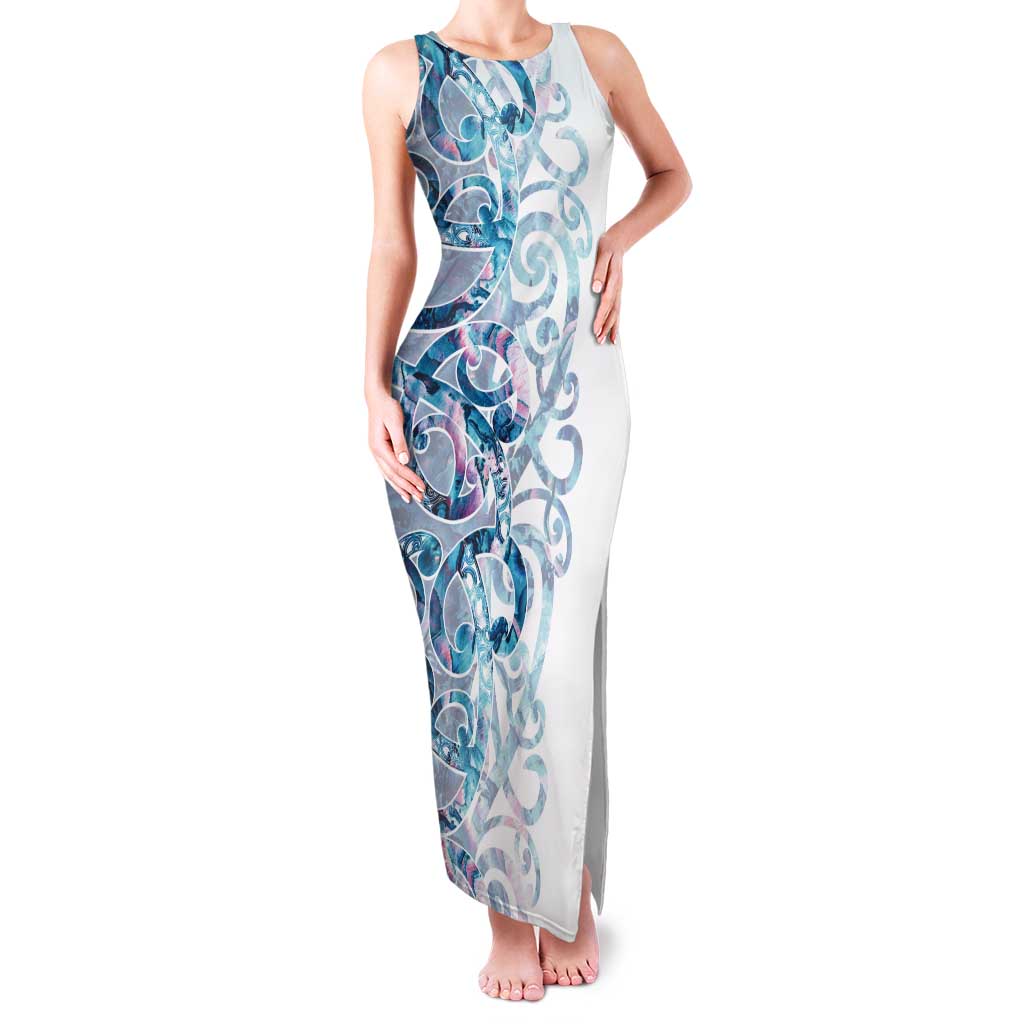 Turquoise Paua Shell Maori Tank Maxi Dress Koru Kowhaiwhai LT7 Women White - Polynesian Pride