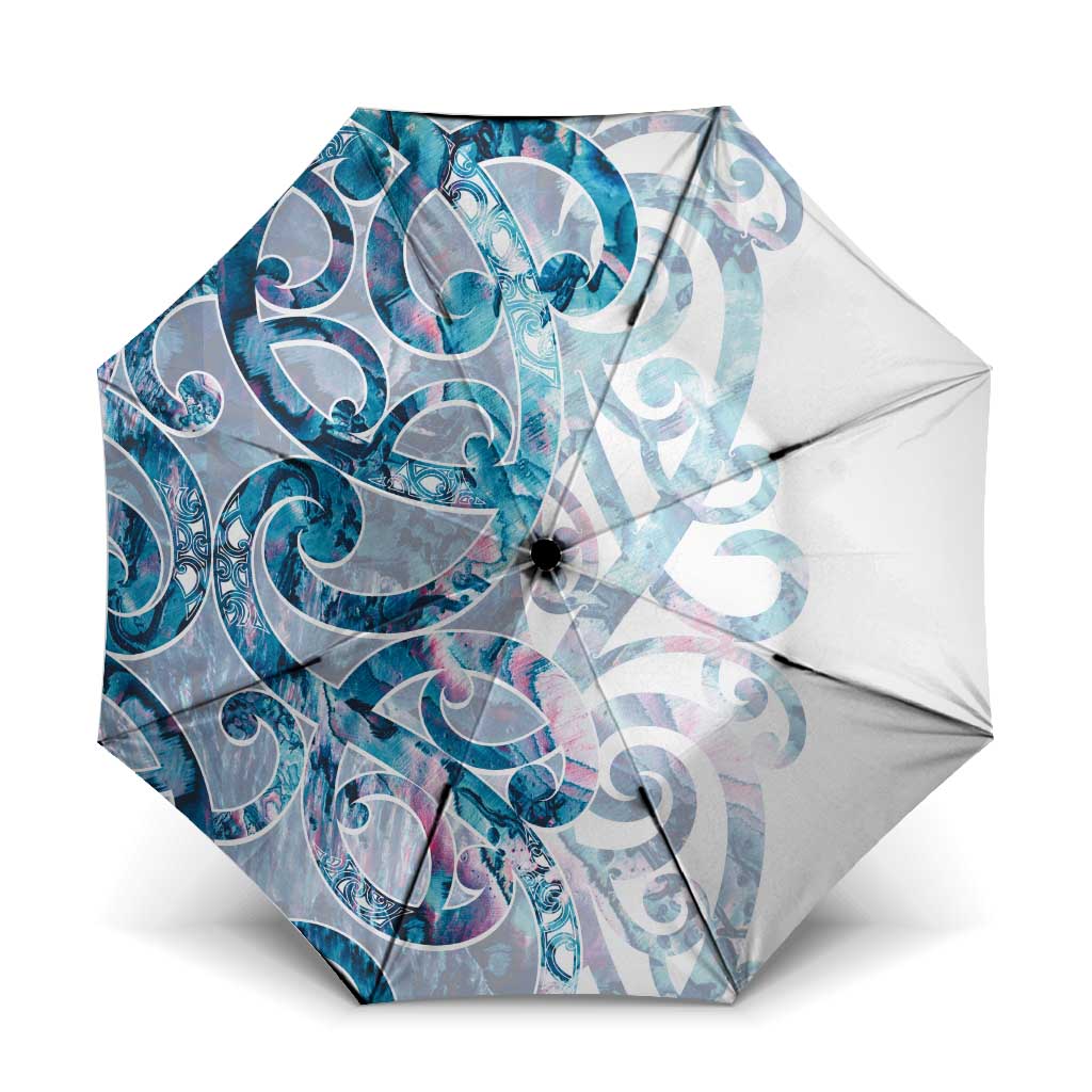 Turquoise Paua Shell Maori Umbrella Koru Kowhaiwhai LT7 One Size Folded 11.42 inch Opened Diameter 37.4 inch White - Polynesian Pride