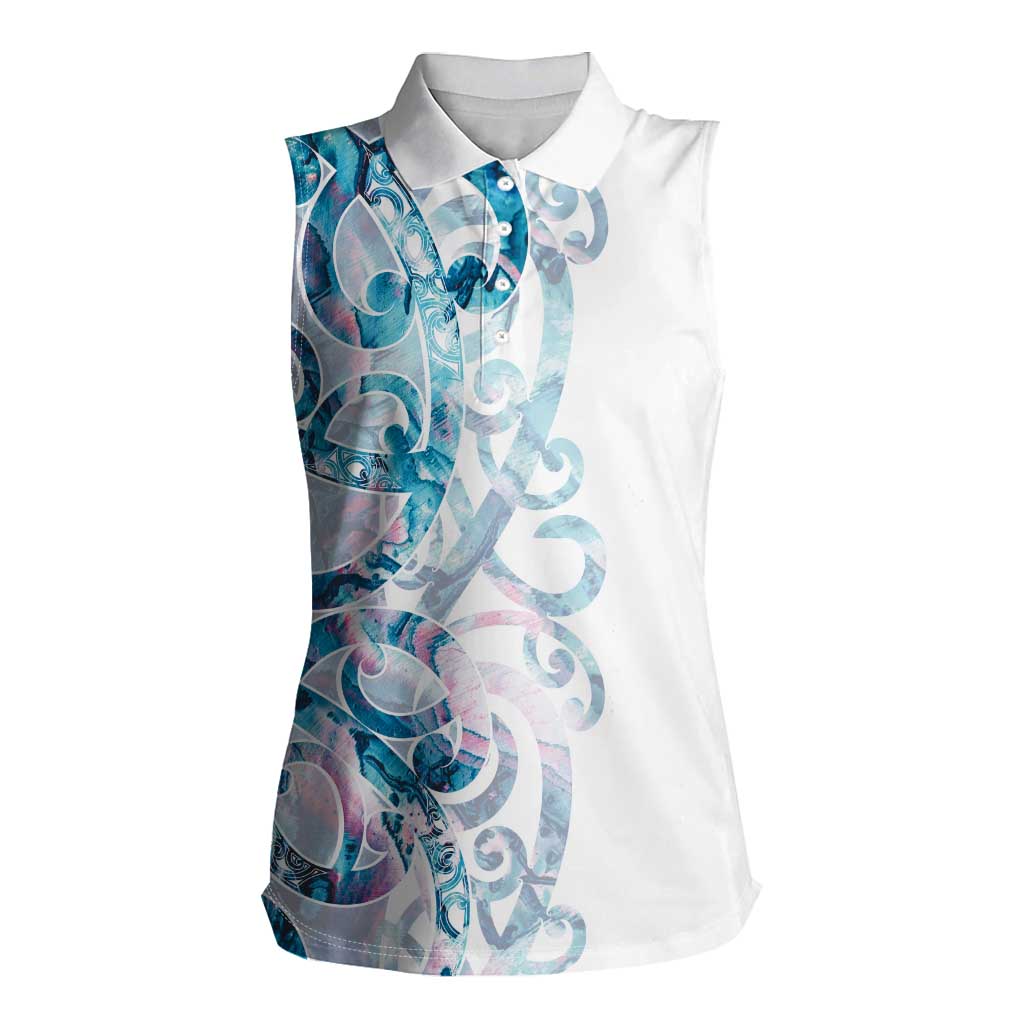 Turquoise Paua Shell Maori Women Sleeveless Polo Shirt Koru Kowhaiwhai LT7 Female White - Polynesian Pride