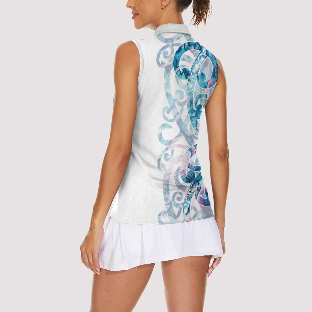 Turquoise Paua Shell Maori Women Sleeveless Polo Shirt Koru Kowhaiwhai LT7 - Polynesian Pride