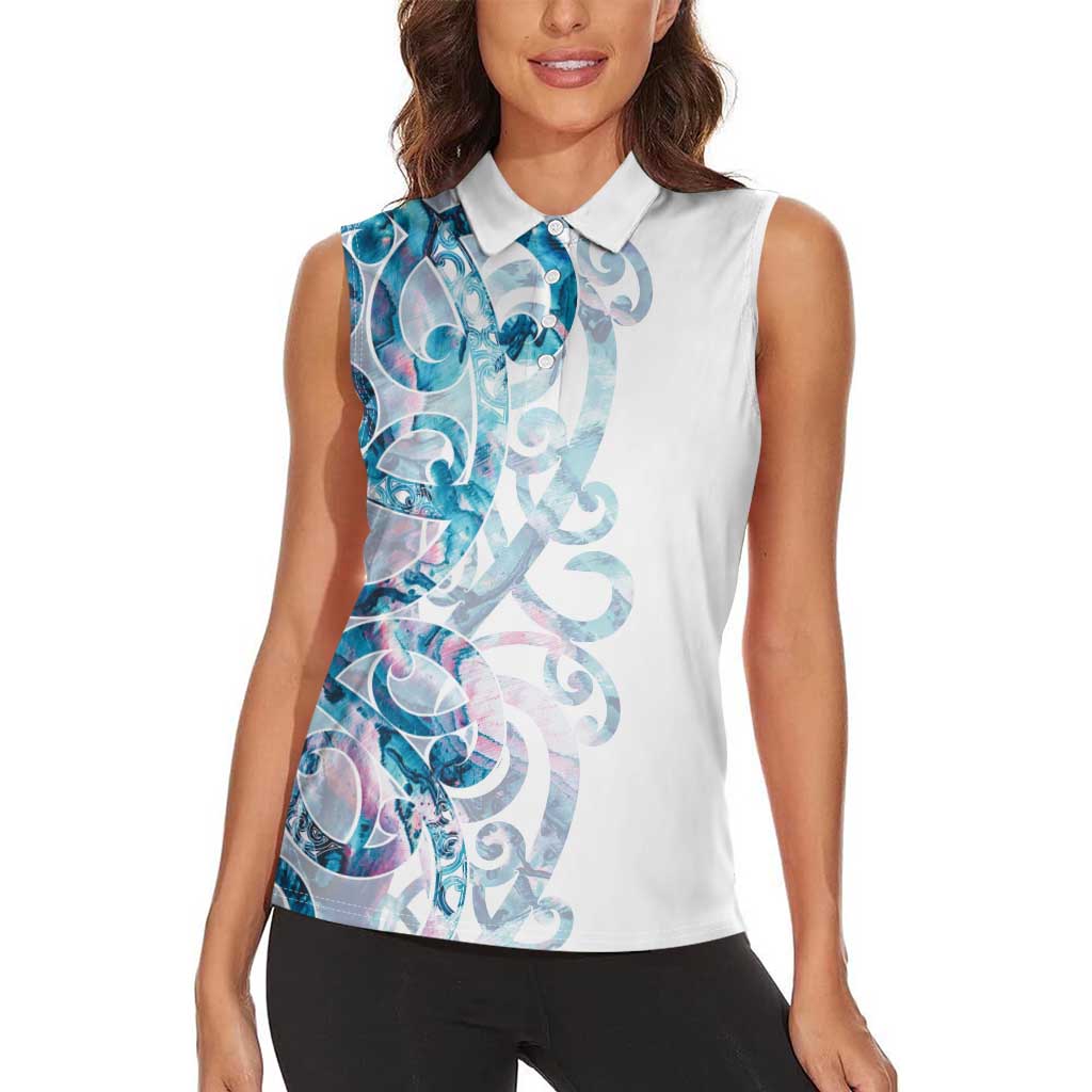Turquoise Paua Shell Maori Women Sleeveless Polo Shirt Koru Kowhaiwhai LT7 - Polynesian Pride