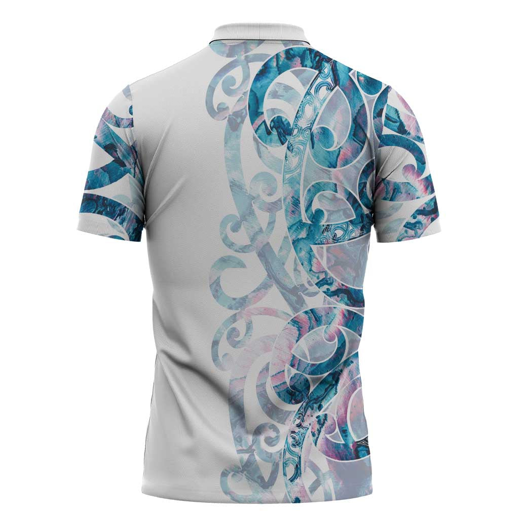 Turquoise Paua Shell Maori Zipper Polo Shirt Koru Kowhaiwhai LT7 - Polynesian Pride