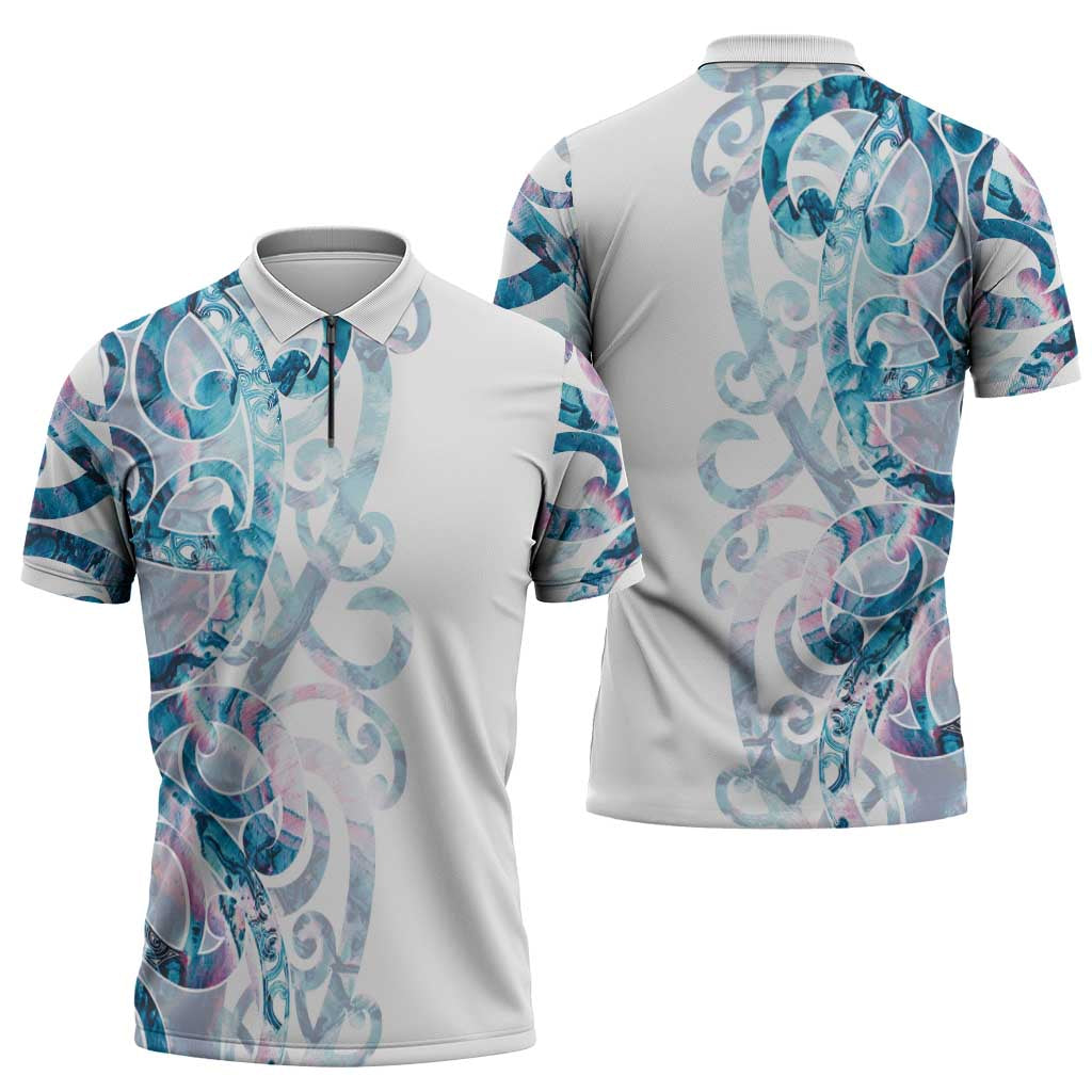 Turquoise Paua Shell Maori Zipper Polo Shirt Koru Kowhaiwhai LT7 - Polynesian Pride