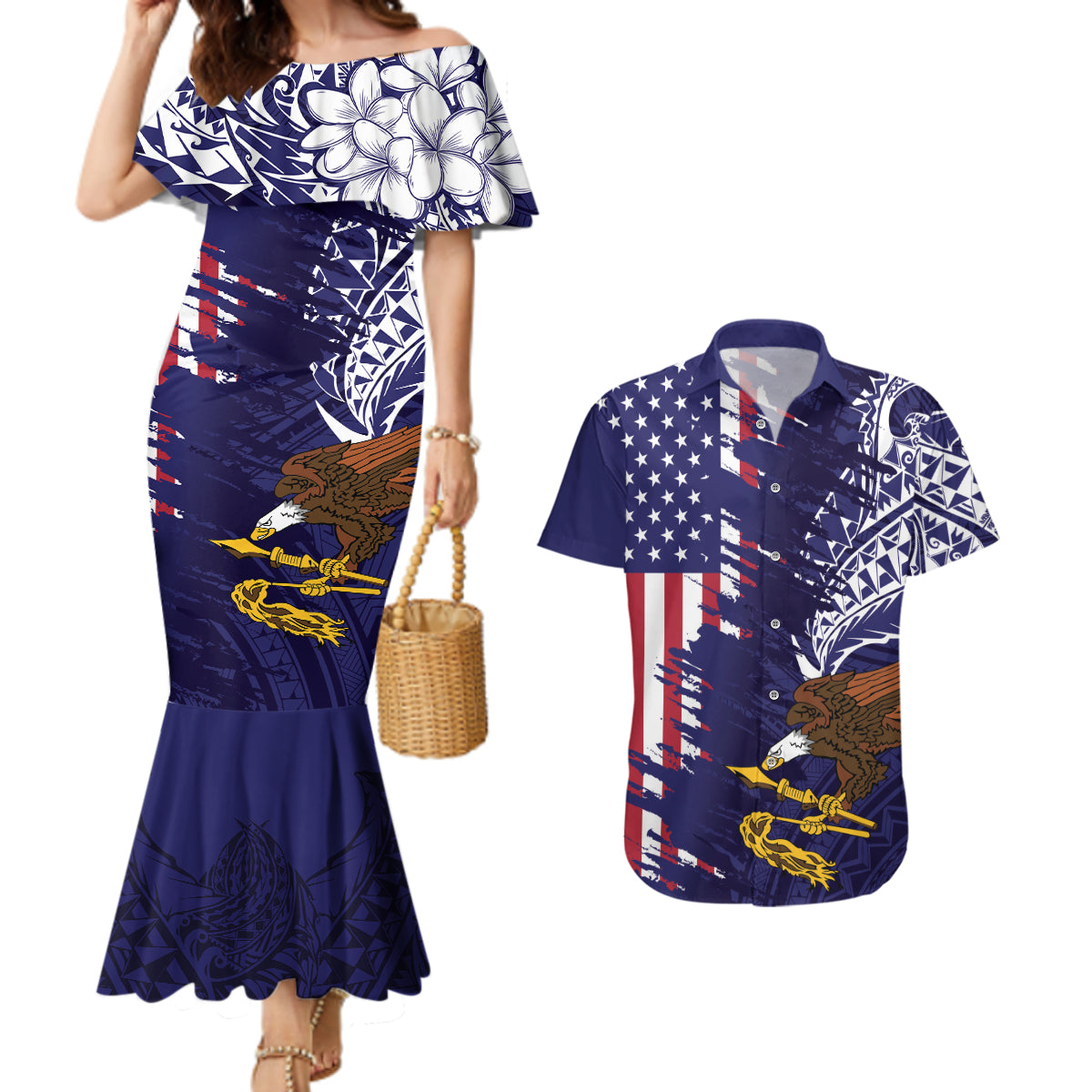 American Samoa Mix US Couples Matching Mermaid Dress and Hawaiian Shirt Flag Day Grunge Style LT7 Blue - Polynesian Pride