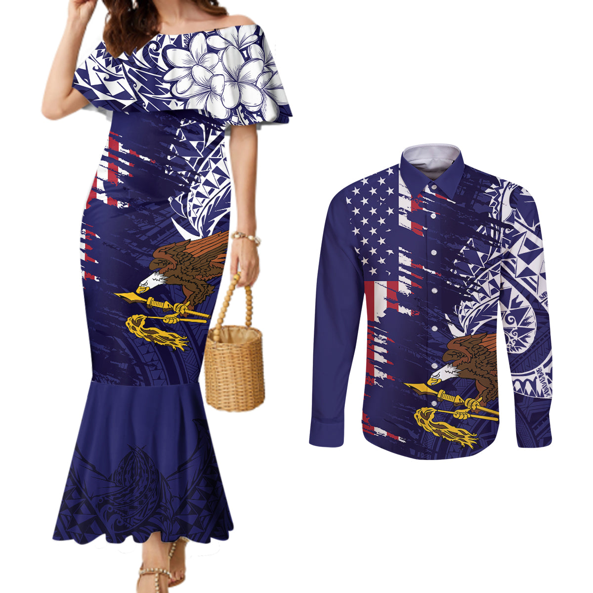 American Samoa Mix US Couples Matching Mermaid Dress and Long Sleeve Button Shirt Flag Day Grunge Style LT7 Blue - Polynesian Pride