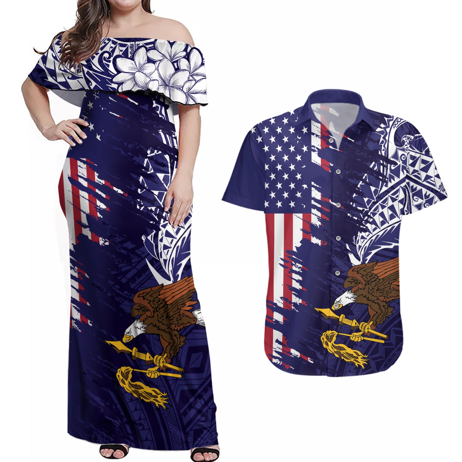 American Samoa Mix US Couples Matching Off Shoulder Maxi Dress and Hawaiian Shirt Flag Day Grunge Style LT7 Blue - Polynesian Pride