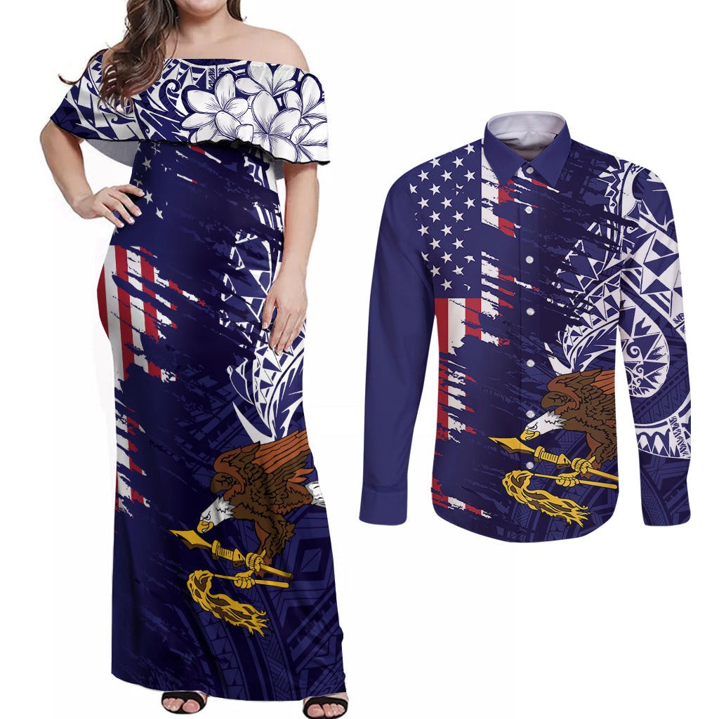 American Samoa Mix US Couples Matching Off Shoulder Maxi Dress and Long Sleeve Button Shirt Flag Day Grunge Style LT7 Blue - Polynesian Pride