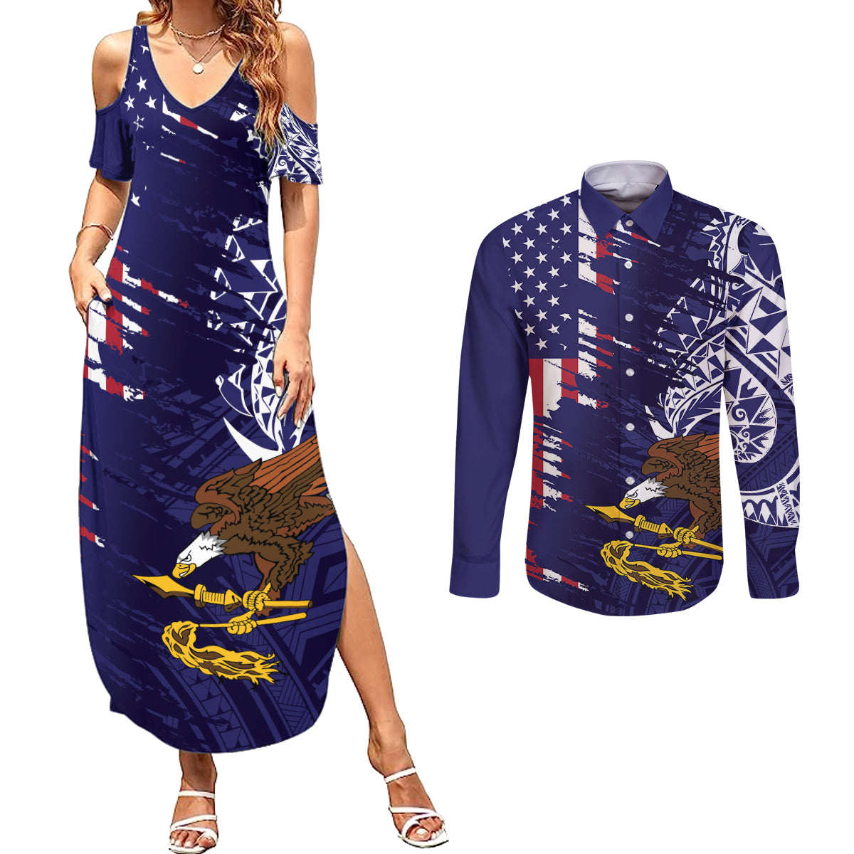 American Samoa Mix US Couples Matching Summer Maxi Dress and Long Sleeve Button Shirt Flag Day Grunge Style LT7 Blue - Polynesian Pride