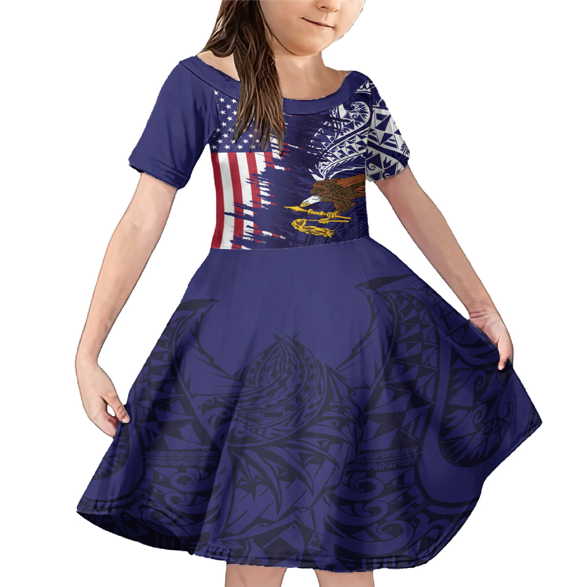 American Samoa Mix US Family Matching Mermaid Dress and Hawaiian Shirt Flag Day Grunge Style LT7 Daughter's Dress Blue - Polynesian Pride