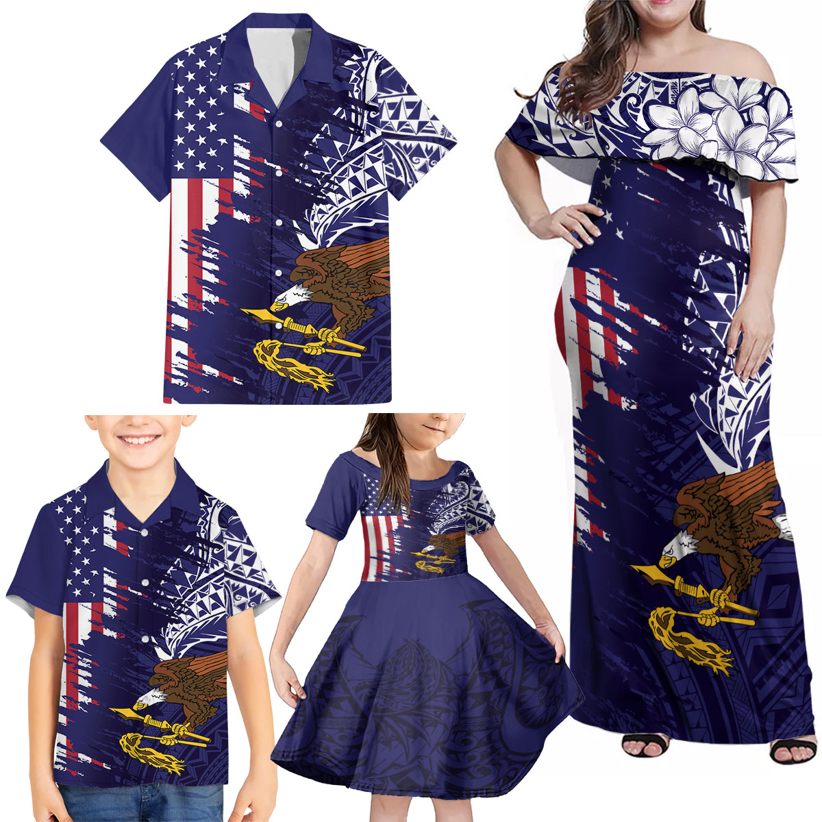 American Samoa Mix US Family Matching Off Shoulder Maxi Dress and Hawaiian Shirt Flag Day Grunge Style LT7 - Polynesian Pride