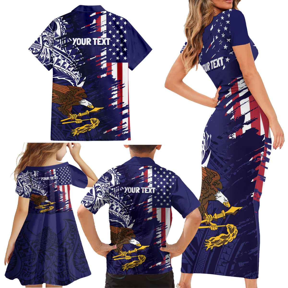 American Samoa Mix US Family Matching Short Sleeve Bodycon Dress and Hawaiian Shirt Flag Day Grunge Style LT7 - Polynesian Pride