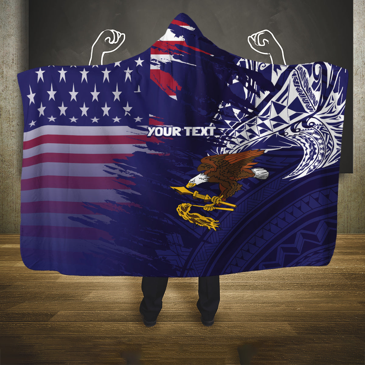 American Samoa Mix US Hooded Blanket Flag Day Grunge Style LT7 One Size Blue - Polynesian Pride