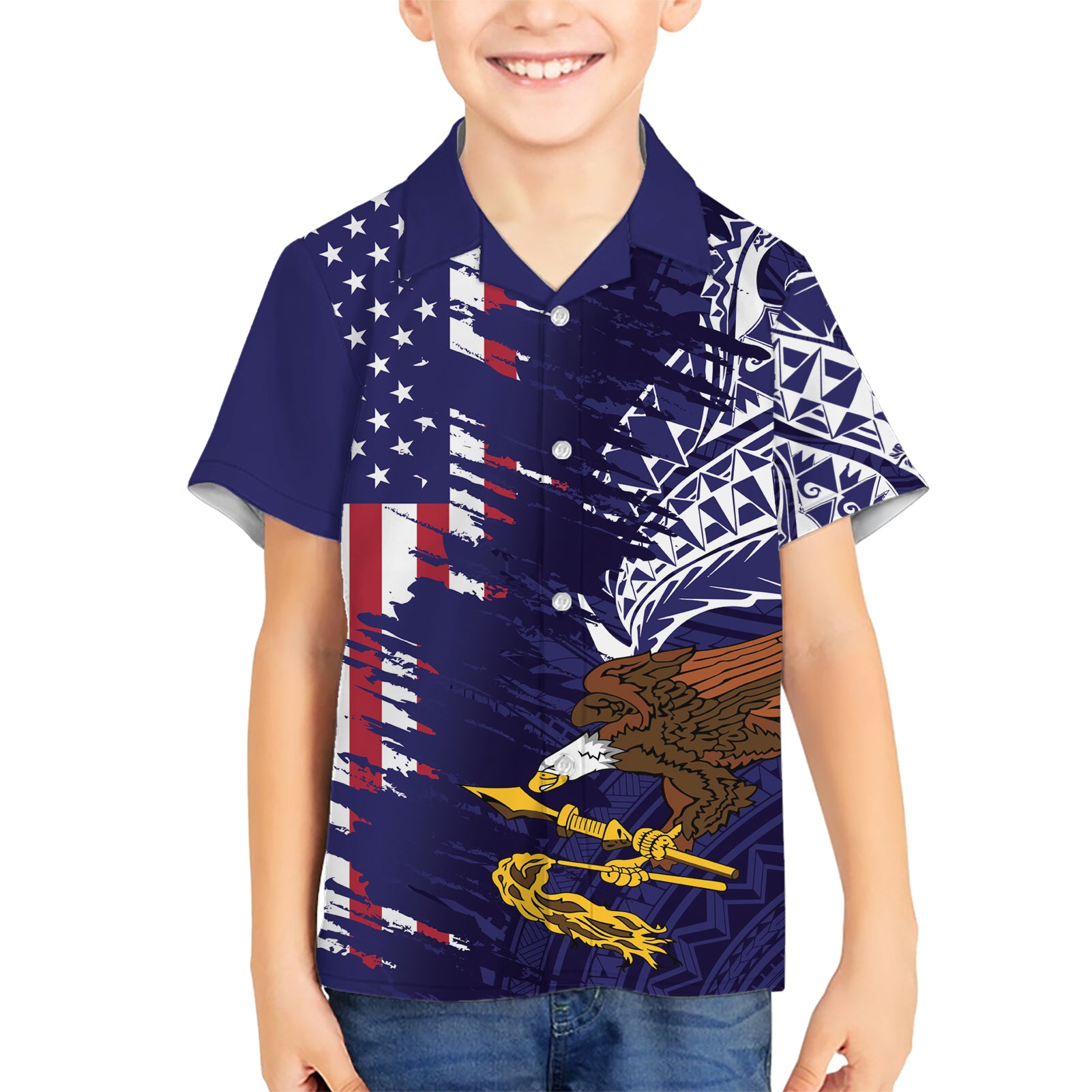 American Samoa Mix US Kid Hawaiian Shirt Flag Day Grunge Style LT7 Kid Blue - Polynesian Pride