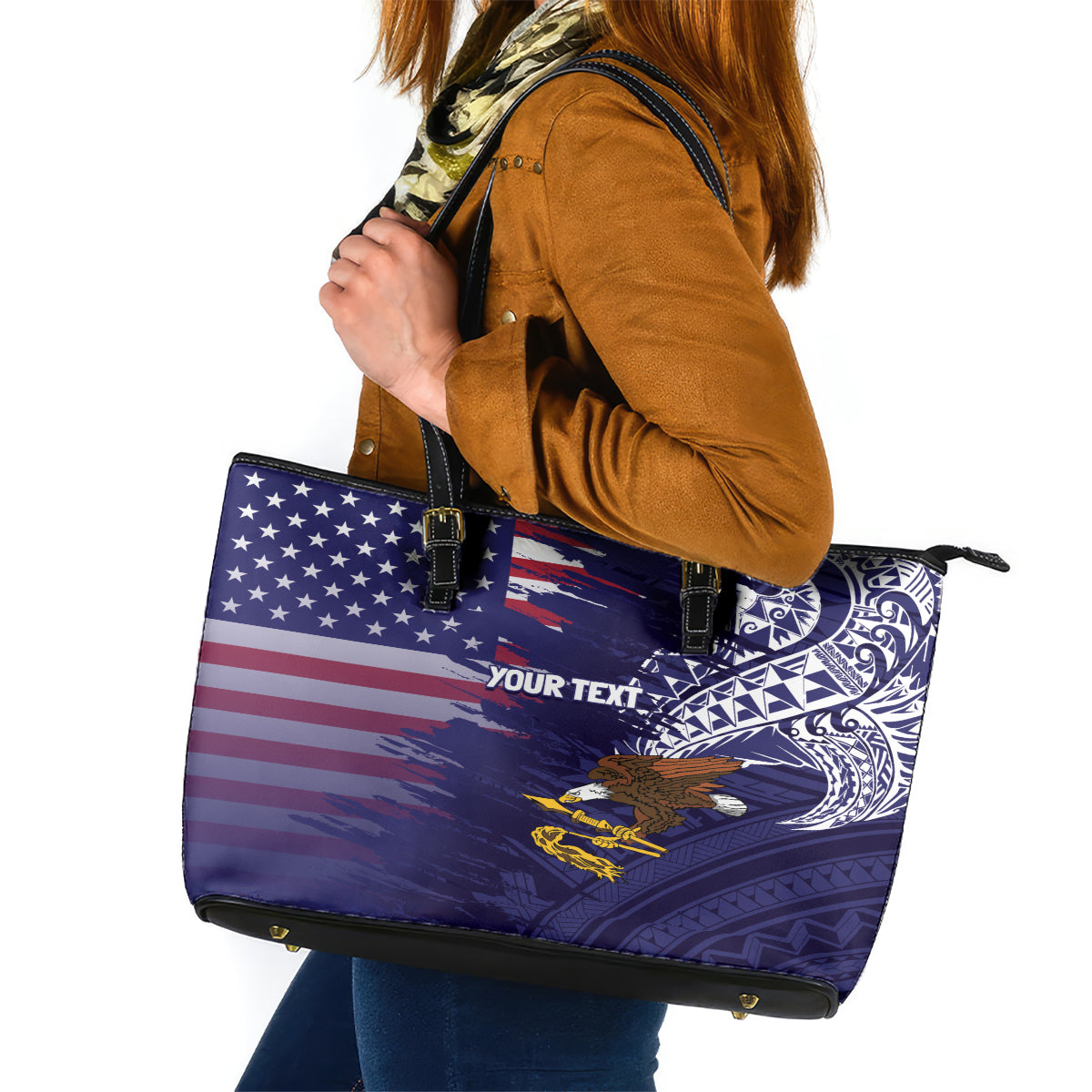 American Samoa Mix US Leather Tote Bag Flag Day Grunge Style LT7 Blue - Polynesian Pride