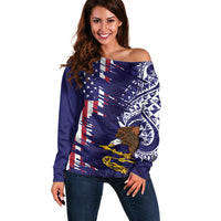 American Samoa Mix US Off Shoulder Sweater Flag Day Grunge Style LT7 Women Blue - Polynesian Pride
