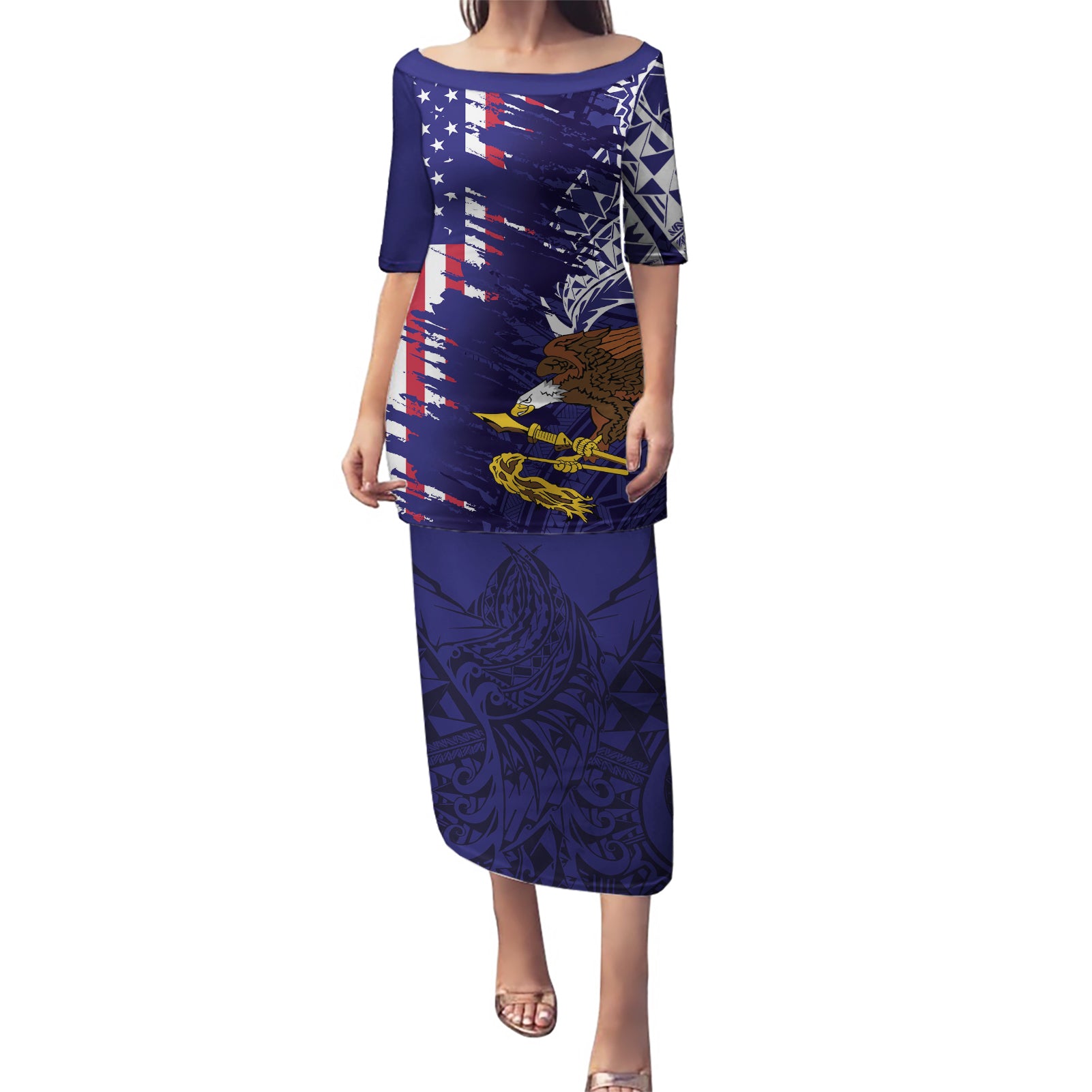 American Samoa Mix US Puletasi Flag Day Grunge Style LT7 Long Dress Blue - Polynesian Pride