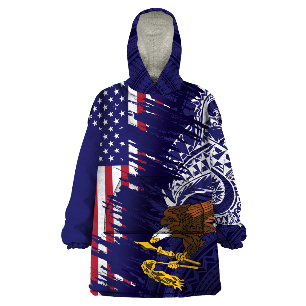 American Samoa Mix US Wearable Blanket Hoodie Flag Day Grunge Style LT7 One Size Blue - Polynesian Pride