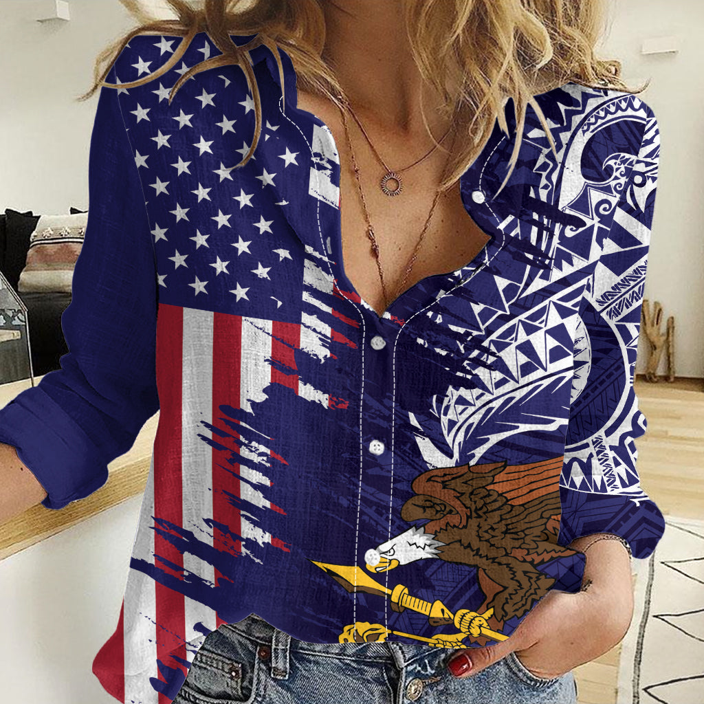 American Samoa Mix US Women Casual Shirt Flag Day Grunge Style LT7 Female Blue - Polynesian Pride