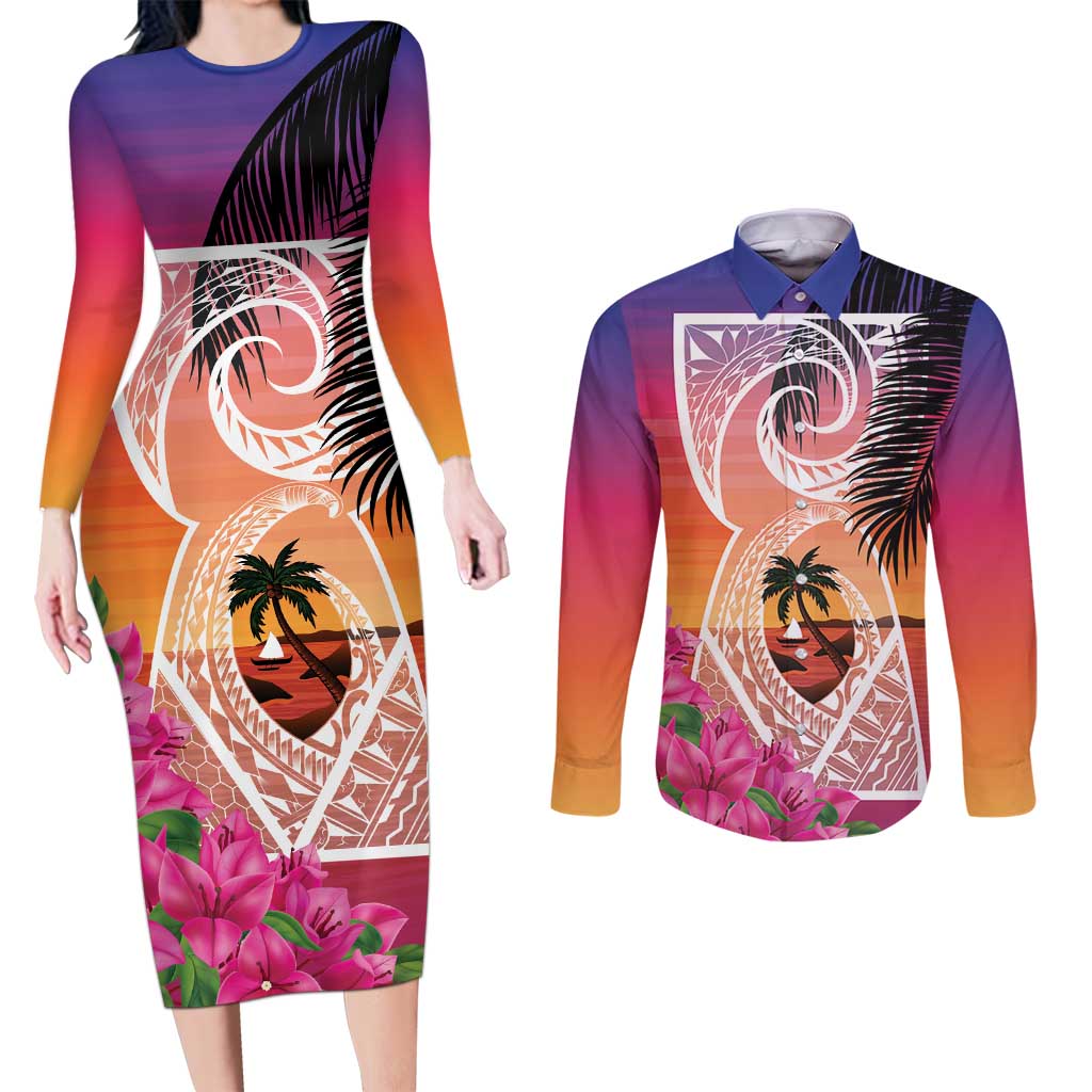 Guam Chamorro Couples Matching Long Sleeve Bodycon Dress and Long Sleeve Button Shirt Artsy Latte Stone