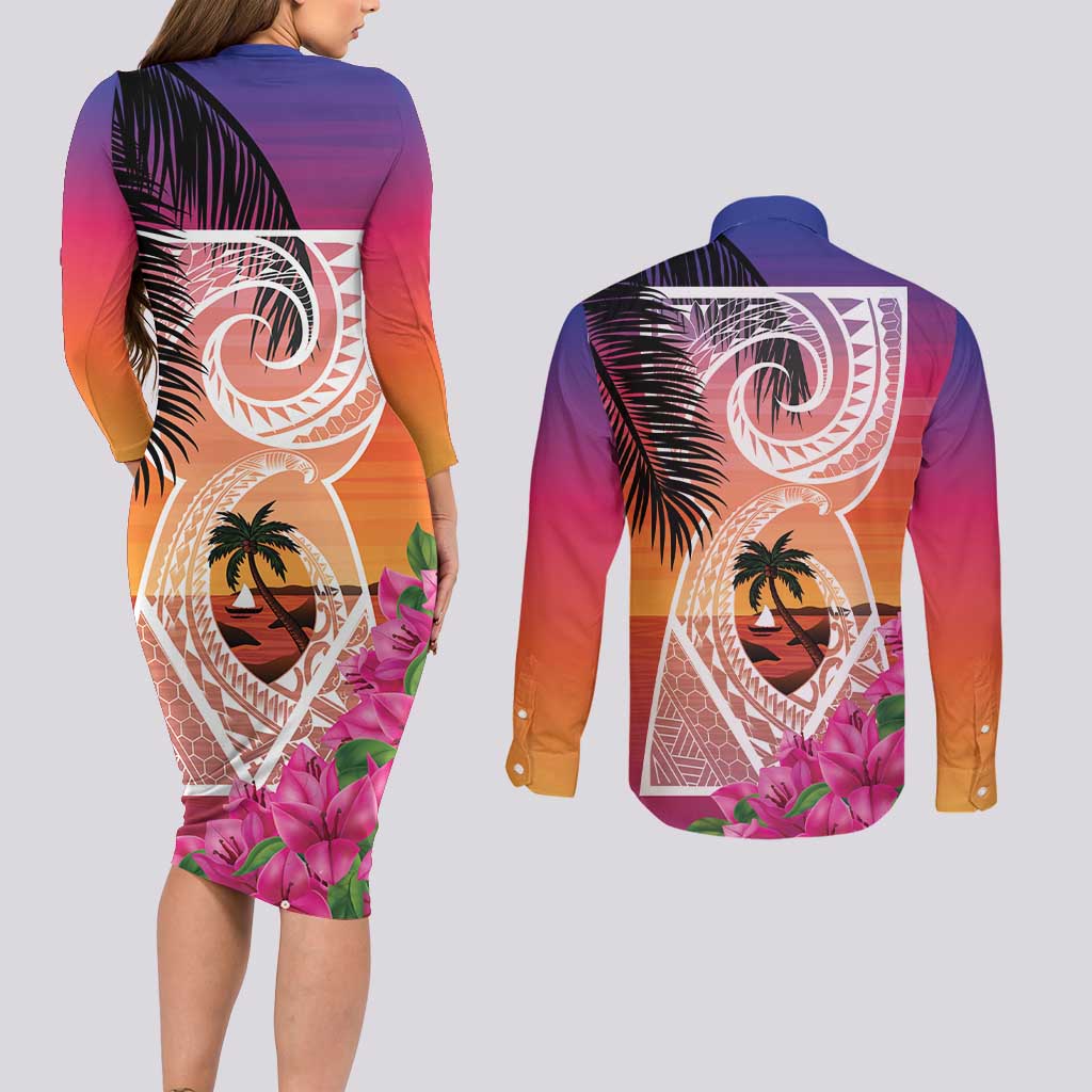 Guam Chamorro Couples Matching Long Sleeve Bodycon Dress and Long Sleeve Button Shirt Artsy Latte Stone