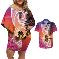 Guam Chamorro Couples Matching Off Shoulder Short Dress and Hawaiian Shirt Artsy Latte Stone
