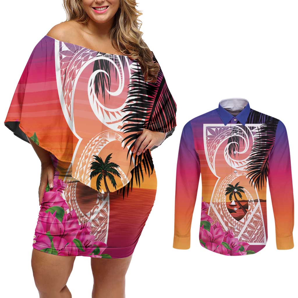 Guam Chamorro Couples Matching Off Shoulder Short Dress and Long Sleeve Button Shirt Artsy Latte Stone