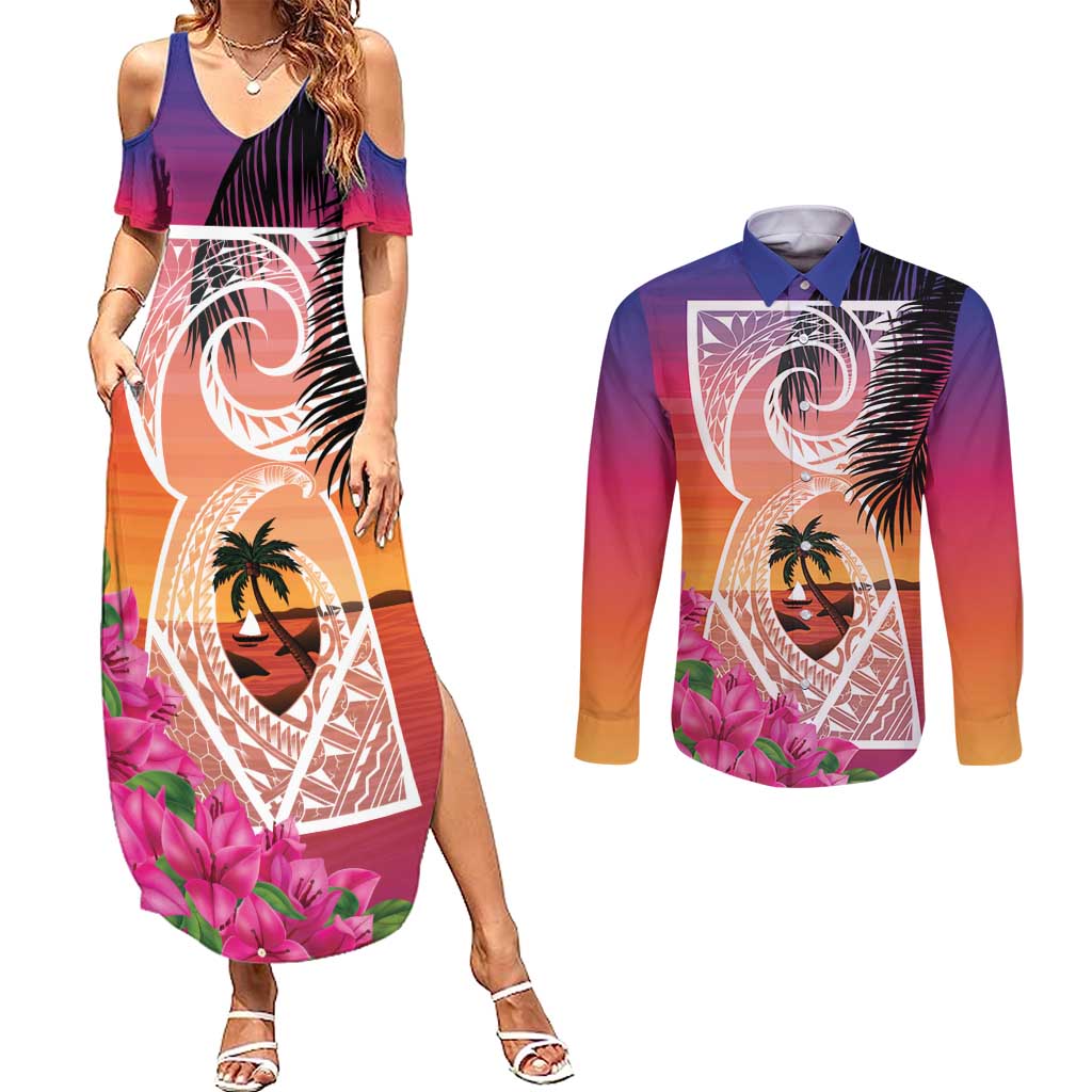 Guam Chamorro Couples Matching Summer Maxi Dress and Long Sleeve Button Shirt Artsy Latte Stone