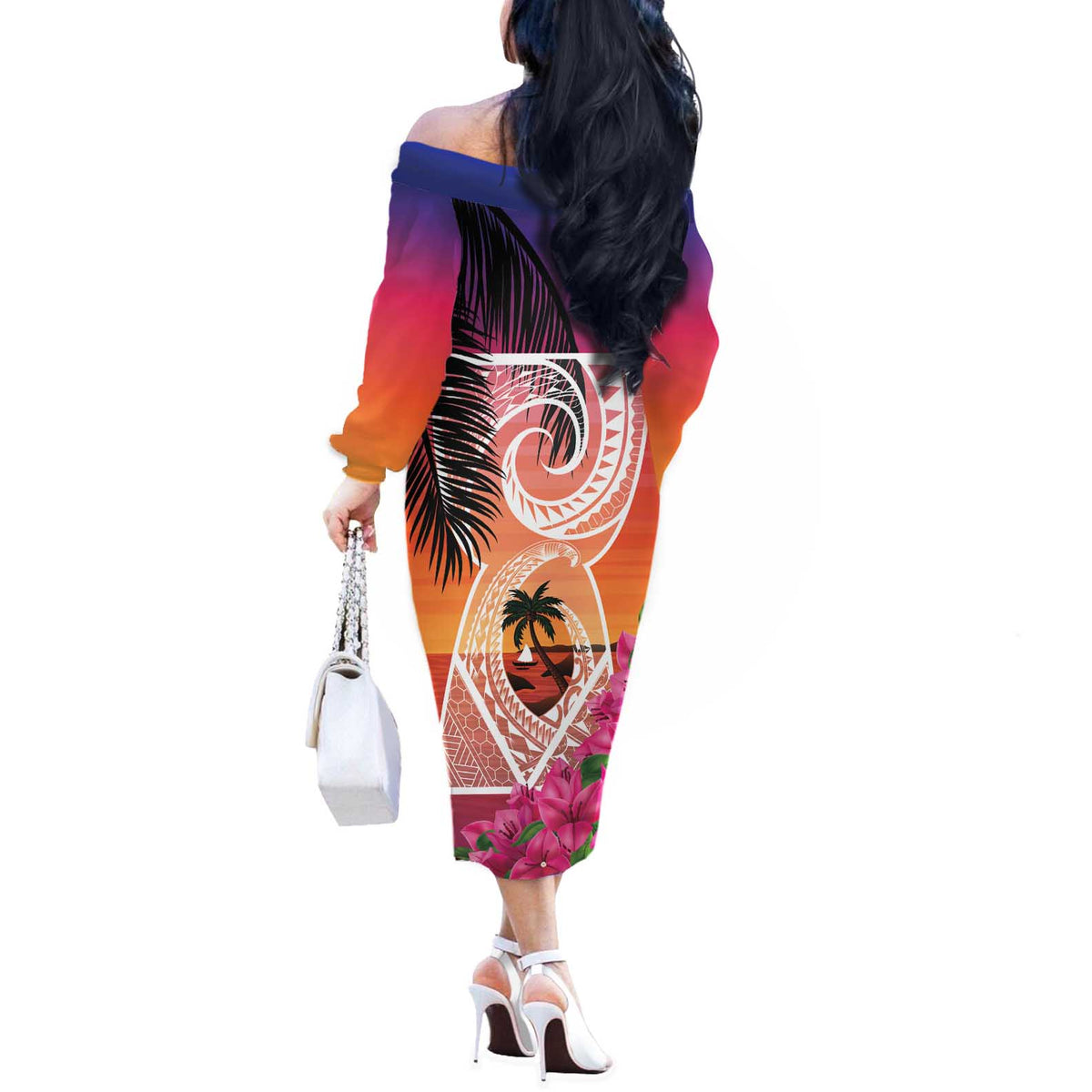 Guam Chamorro Off The Shoulder Long Sleeve Dress Artsy Latte Stone