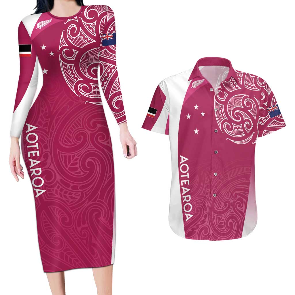 Personalised New Zealand Rugby Couples Matching Long Sleeve Bodycon Dress and Hawaiian Shirt Aotearoa Champions - Pink Version