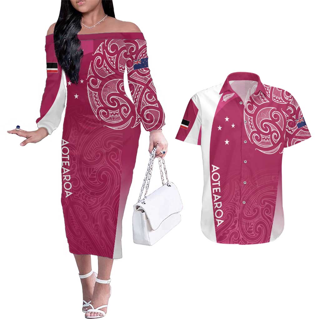 Personalised New Zealand Rugby Couples Matching Off The Shoulder Long Sleeve Dress and Hawaiian Shirt Aotearoa Champions - Pink Version