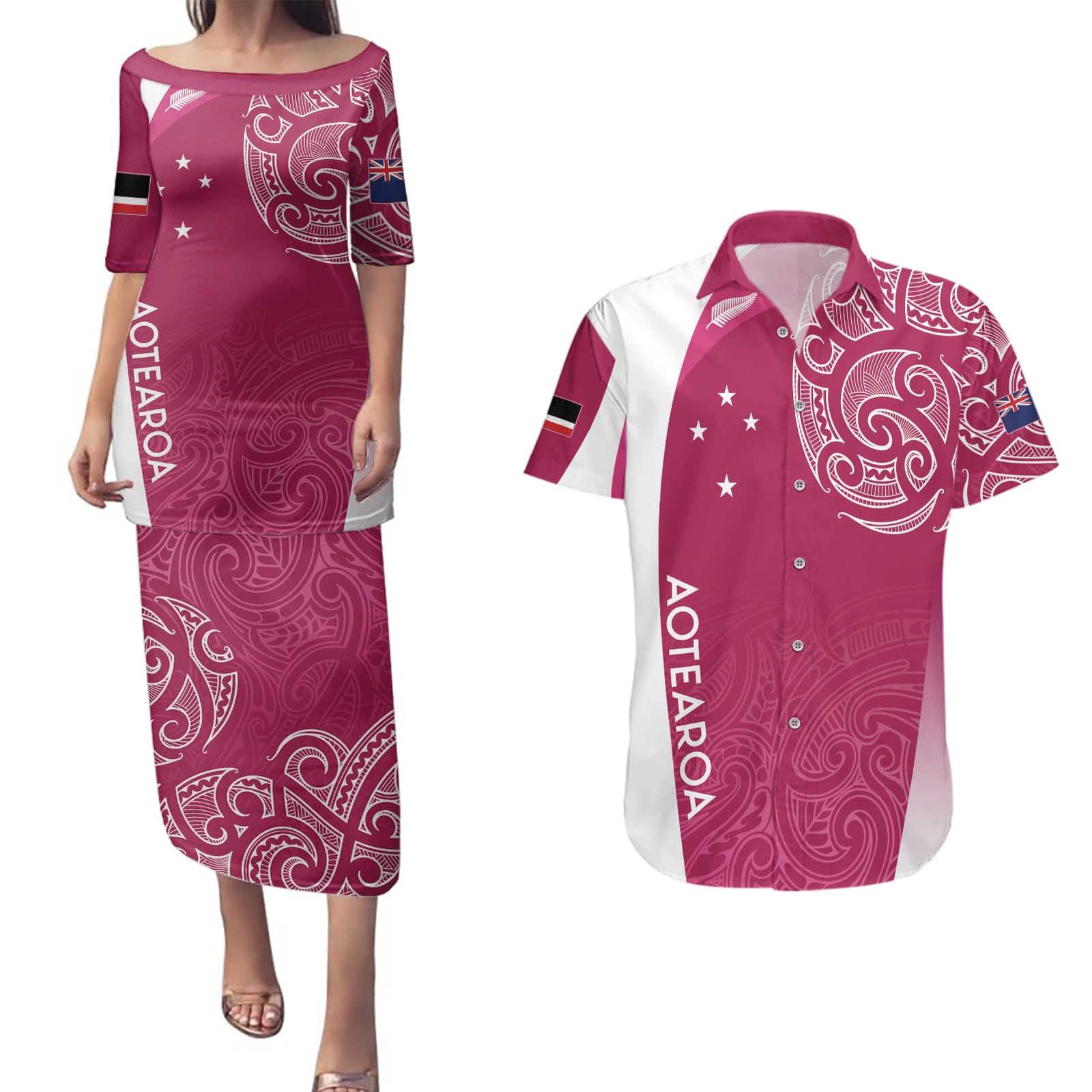 Personalised New Zealand Rugby Couples Matching Puletasi and Hawaiian Shirt Aotearoa Champions - Pink Version