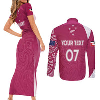 Personalised New Zealand Rugby Couples Matching Short Sleeve Bodycon Dress and Long Sleeve Button Shirt Aotearoa Champions - Pink Version