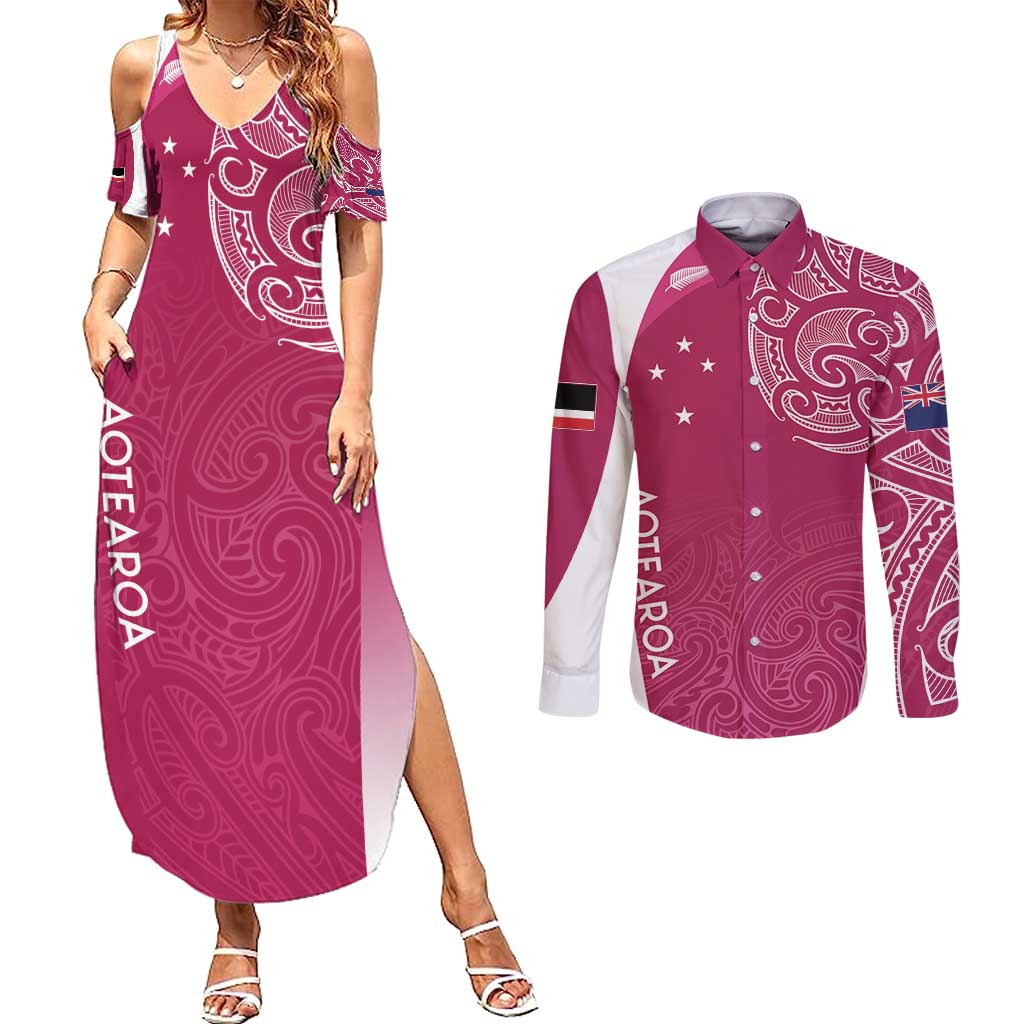 Personalised New Zealand Rugby Couples Matching Summer Maxi Dress and Long Sleeve Button Shirt Aotearoa Champions - Pink Version