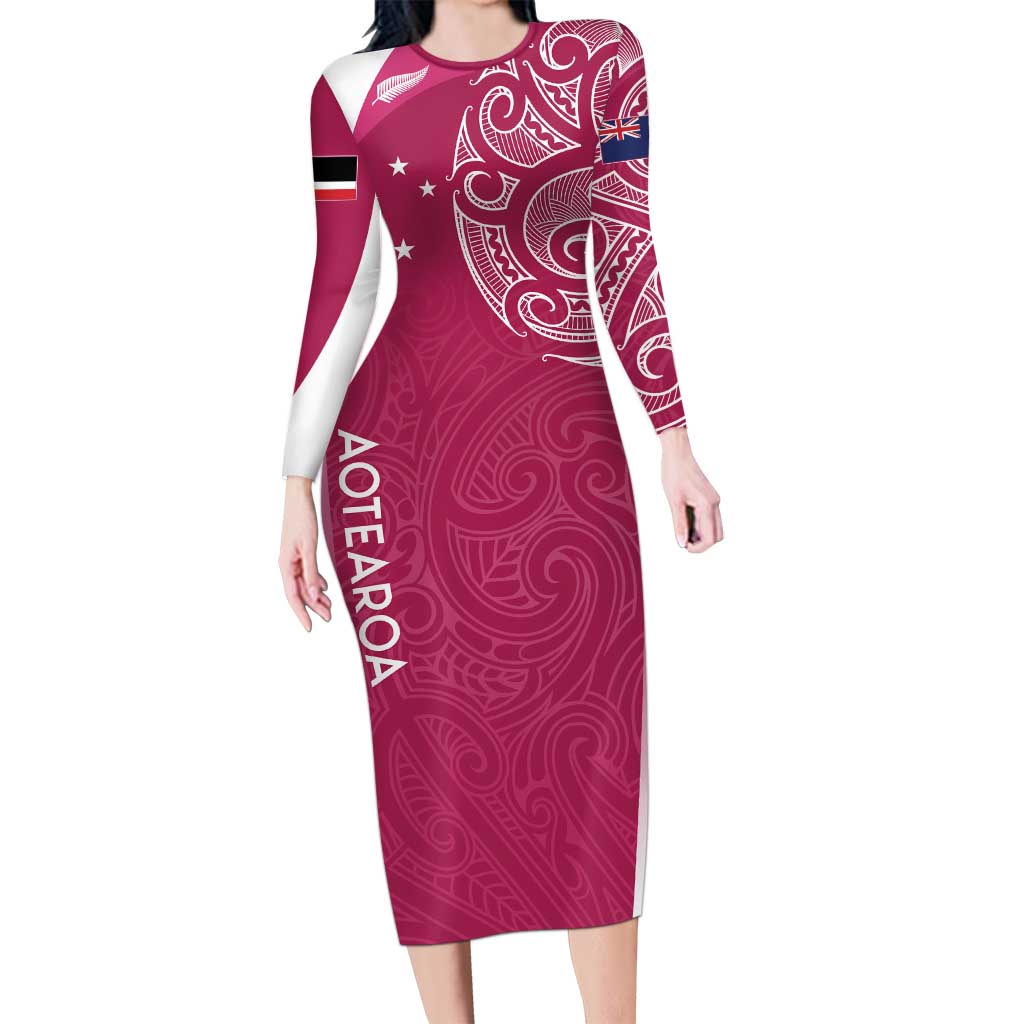 Personalised New Zealand Rugby Family Matching Long Sleeve Bodycon Dress and Hawaiian Shirt Aotearoa Champions - Pink Version