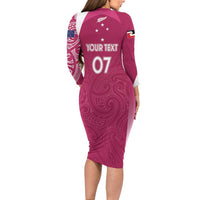 Personalised New Zealand Rugby Family Matching Long Sleeve Bodycon Dress and Hawaiian Shirt Aotearoa Champions - Pink Version