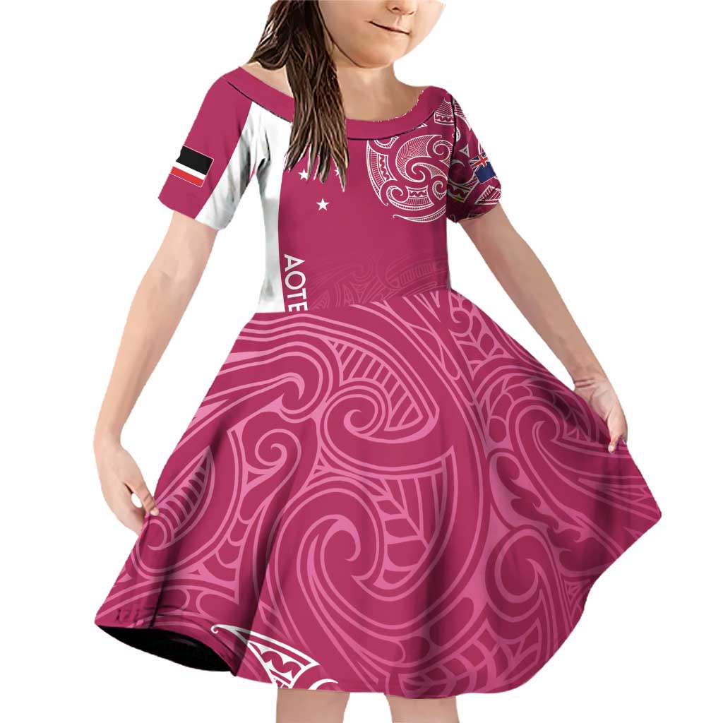 Personalised New Zealand Rugby Family Matching Off Shoulder Short Dress and Hawaiian Shirt Aotearoa Champions - Pink Version