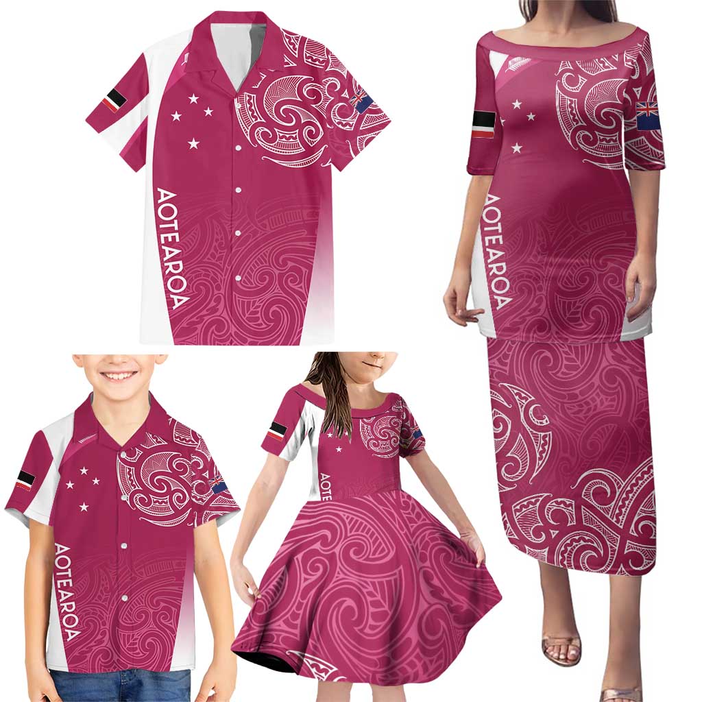 Personalised New Zealand Rugby Family Matching Puletasi and Hawaiian Shirt Aotearoa Champions - Pink Version