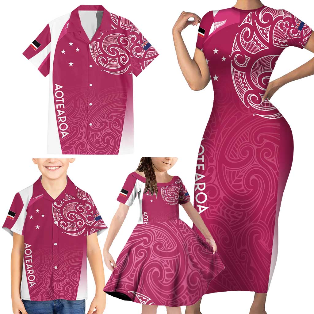 Personalised New Zealand Rugby Family Matching Short Sleeve Bodycon Dress and Hawaiian Shirt Aotearoa Champions - Pink Version