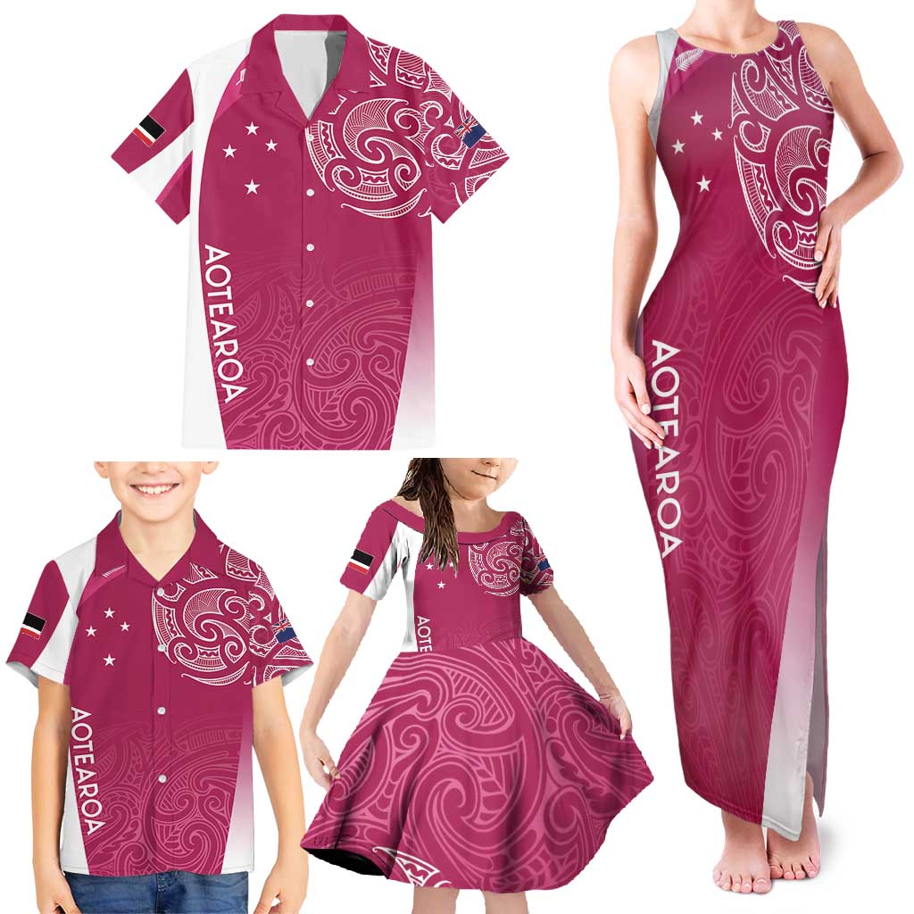 Personalised New Zealand Rugby Family Matching Tank Maxi Dress and Hawaiian Shirt Aotearoa Champions - Pink Version