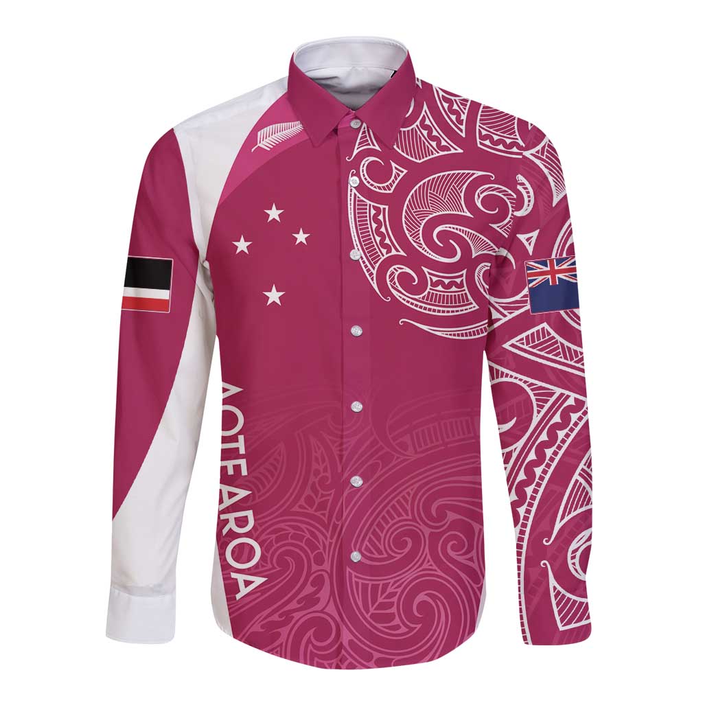 Personalised New Zealand Rugby Long Sleeve Button Shirt Aotearoa Champions - Pink Version