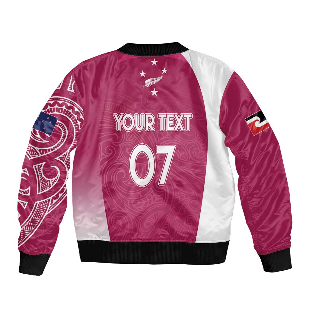 Personalised New Zealand Rugby Sleeve Zip Bomber Jacket Aotearoa Champions - Pink Version