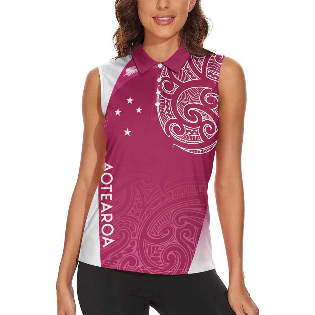 Personalised New Zealand Rugby Women Sleeveless Polo Shirt Aotearoa Champions - Pink Version