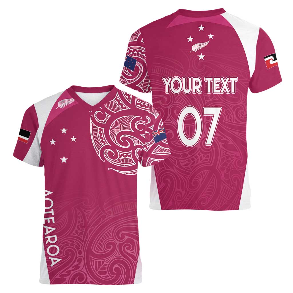 Personalised New Zealand Rugby Women V-Neck T-Shirt Aotearoa Champions - Pink Version