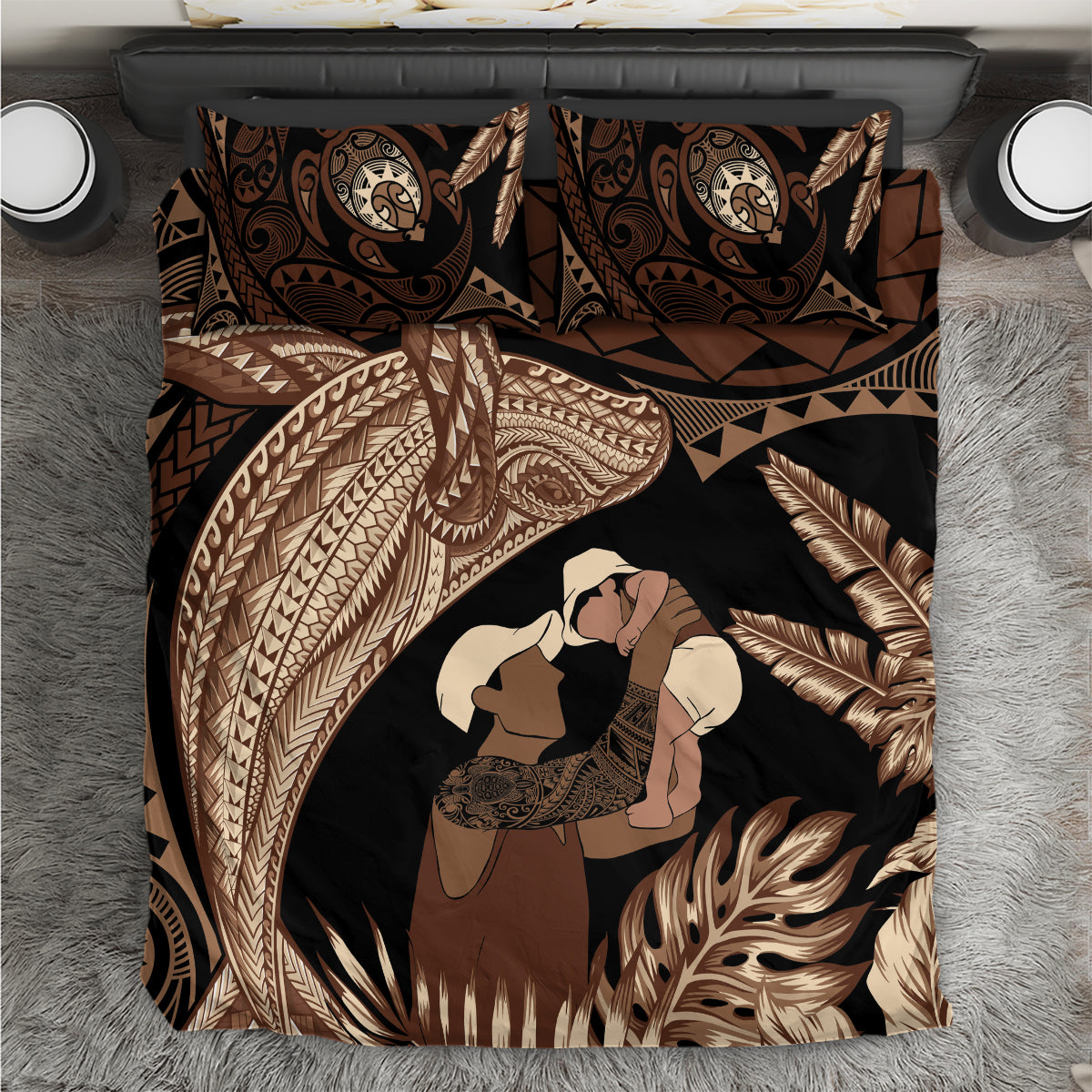 Father's Day Polynesian Pattern Bedding Set Tropical Humpback Whale LT7 Brown - Polynesian Pride