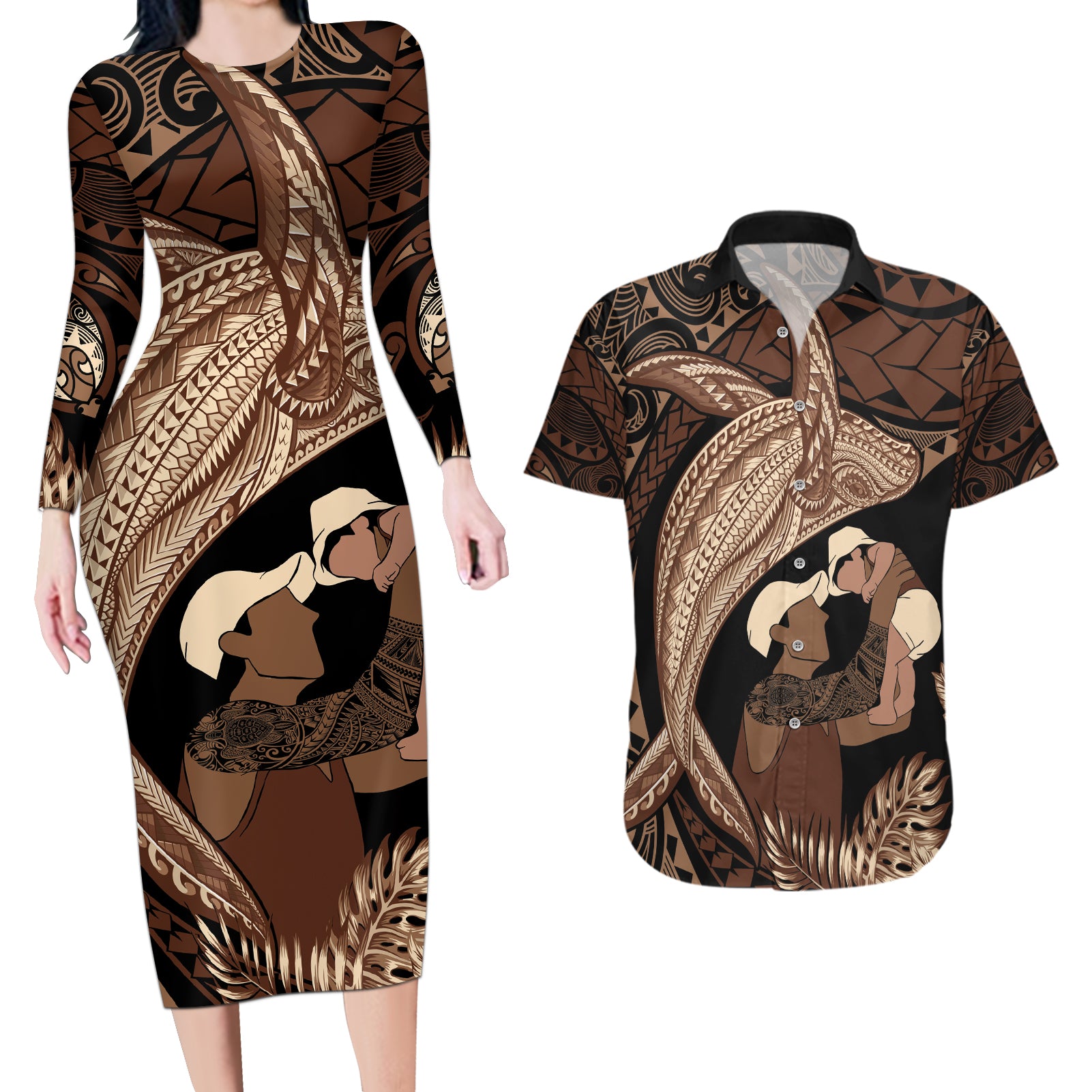 Father's Day Polynesian Pattern Couples Matching Long Sleeve Bodycon Dress and Hawaiian Shirt Tropical Humpback Whale