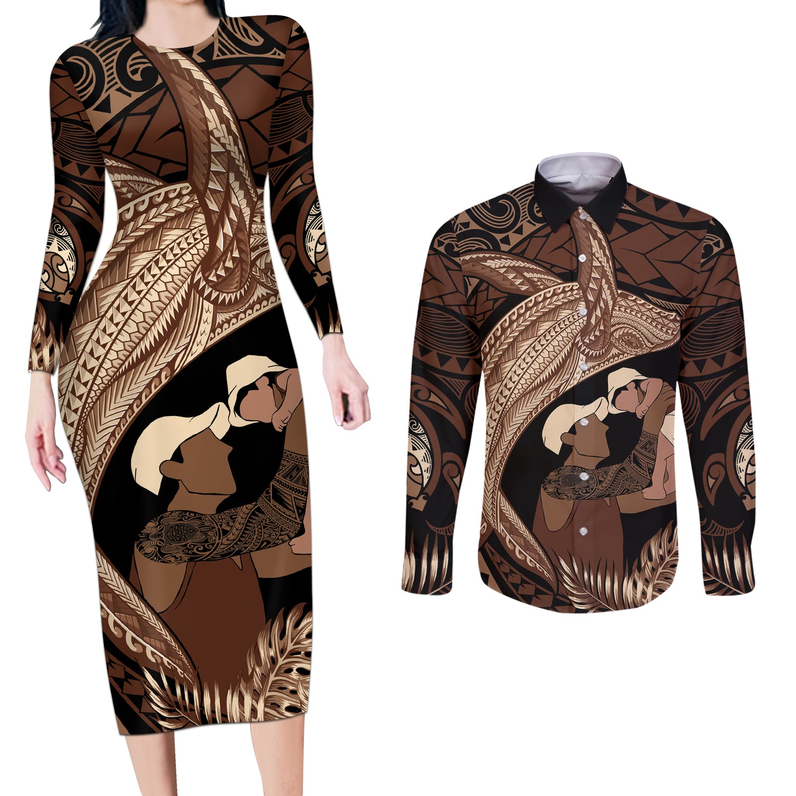 Father's Day Polynesian Pattern Couples Matching Long Sleeve Bodycon Dress and Long Sleeve Button Shirt Tropical Humpback Whale LT7 Brown - Polynesian Pride