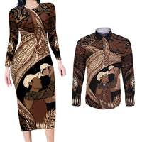 Father's Day Polynesian Pattern Couples Matching Long Sleeve Bodycon Dress and Long Sleeve Button Shirt Tropical Humpback Whale LT7 Brown - Polynesian Pride