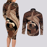 Father's Day Polynesian Pattern Couples Matching Long Sleeve Bodycon Dress and Long Sleeve Button Shirt Tropical Humpback Whale LT7 - Polynesian Pride