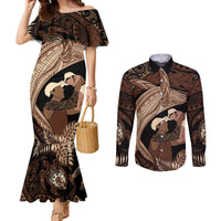Father's Day Polynesian Pattern Couples Matching Mermaid Dress and Long Sleeve Button Shirt Tropical Humpback Whale LT7 Brown - Polynesian Pride